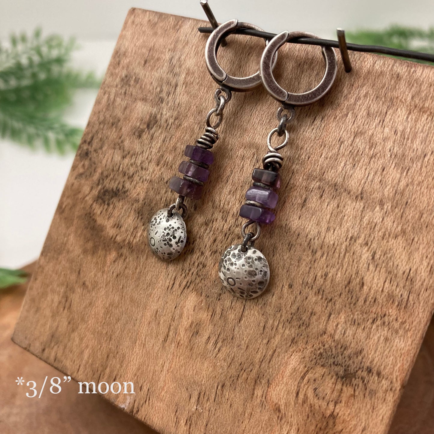Small Full Moon Hoop Earrings with Purple Amethyst