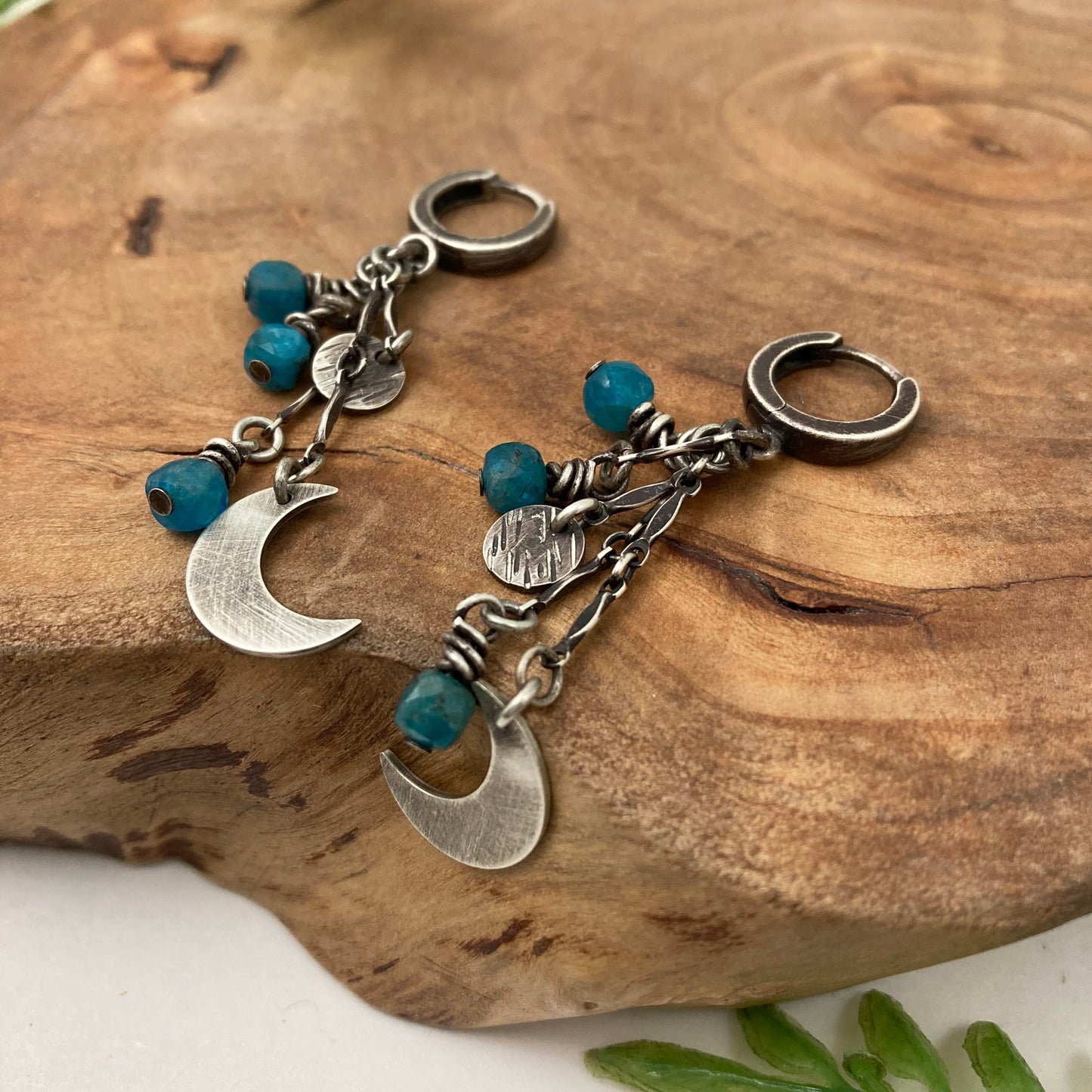 Crescent Moon Hoop Earrings with Blue Apatite Beads