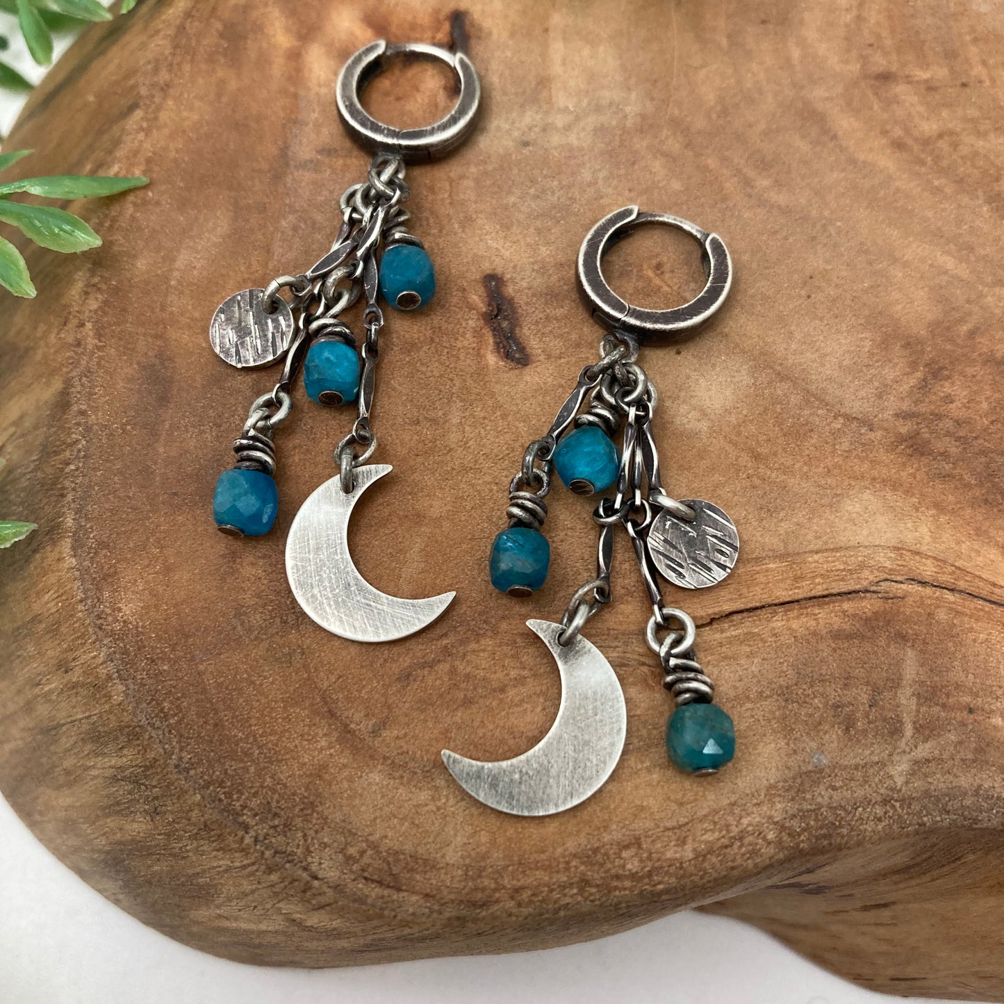 Crescent Moon Hoop Earrings with Blue Apatite Beads