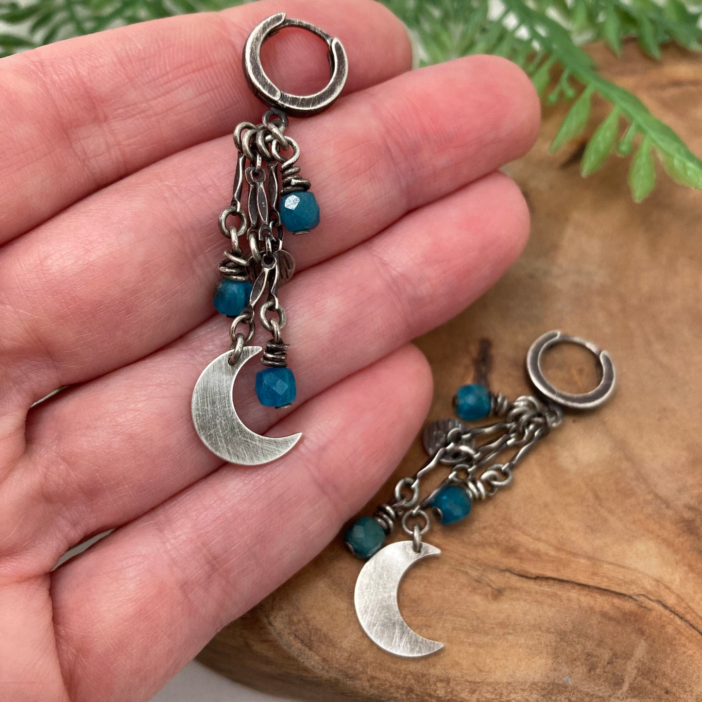 Crescent Moon Hoop Earrings with Blue Apatite Beads