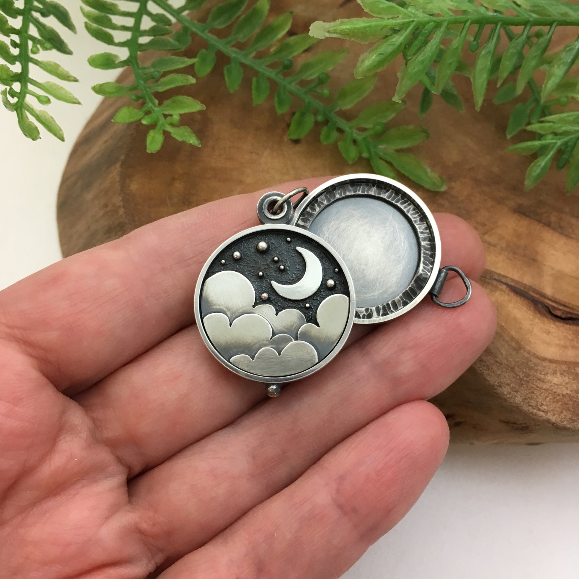 Silver Crescent Moon in the Night Sky Locket